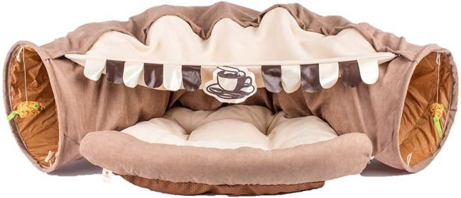 Cat Tunnel Toy Bed with Cushion Mat with Pop up Collapsible 2 Way Tube and Scratching Ball Interactive Toy Peak Hole Hideout House for Cat Puppy (Color: coffee)