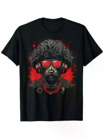 100% Cotton Black Video Gaming T-Shirt for Women - Fun Poodle Dog Design with Red Fashion Glasses & Headphones, Short Sleeve (Color: Black, size: XXXL)